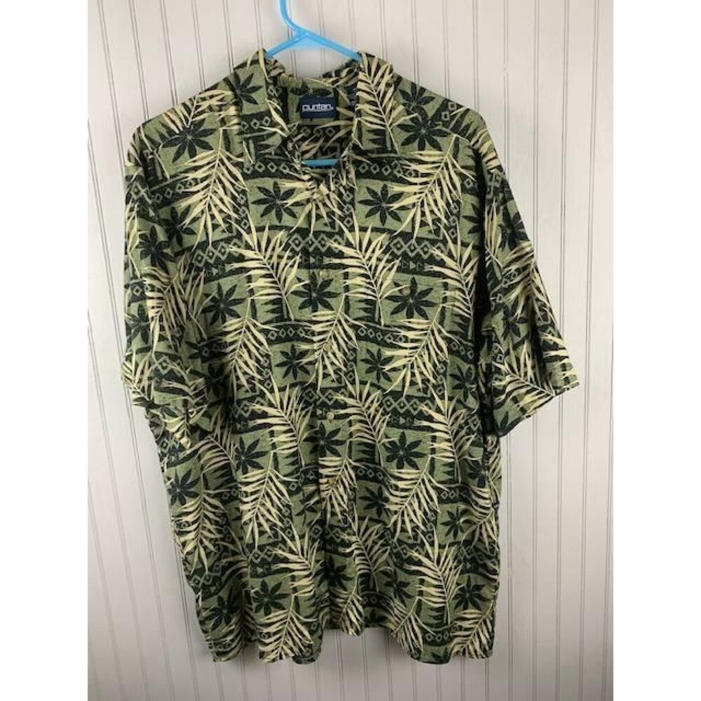 Puritan Mens Size Large Shirt Short Sleeve Floral Green Print Button Up